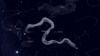 The constellation of Eridanus, the heavenly river, is located near Orion, the hunter and Cetus, the sea monster.