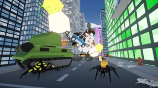 A screenshot from Kill It With Fire 2, showing The Exterminator fighting several spiders in a city.