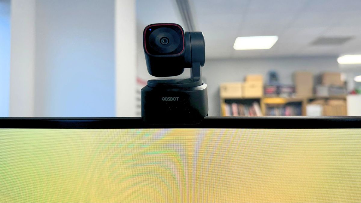 The Obsbot Tiny 2 Lite webcam on a monitor