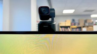 The OBSBot Tiny 2 Lite webcam on a monitor