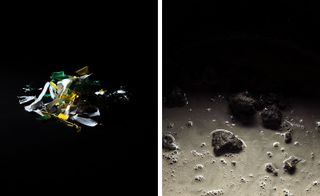 The photo to the left shows plastic scraps photographed on a black background. The photo to the right shows clay.