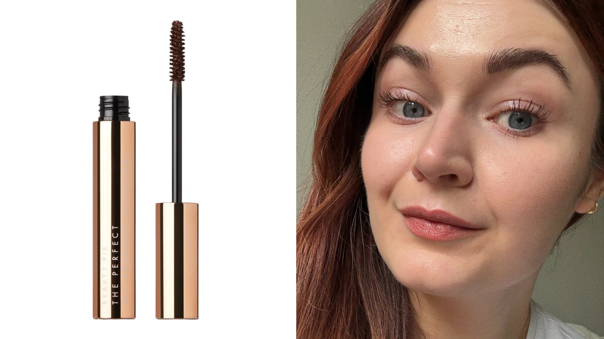 Composite image showing the Beauty Pie The Perfect Waterproof Mascara (left) and Lucy wearing the product (right)