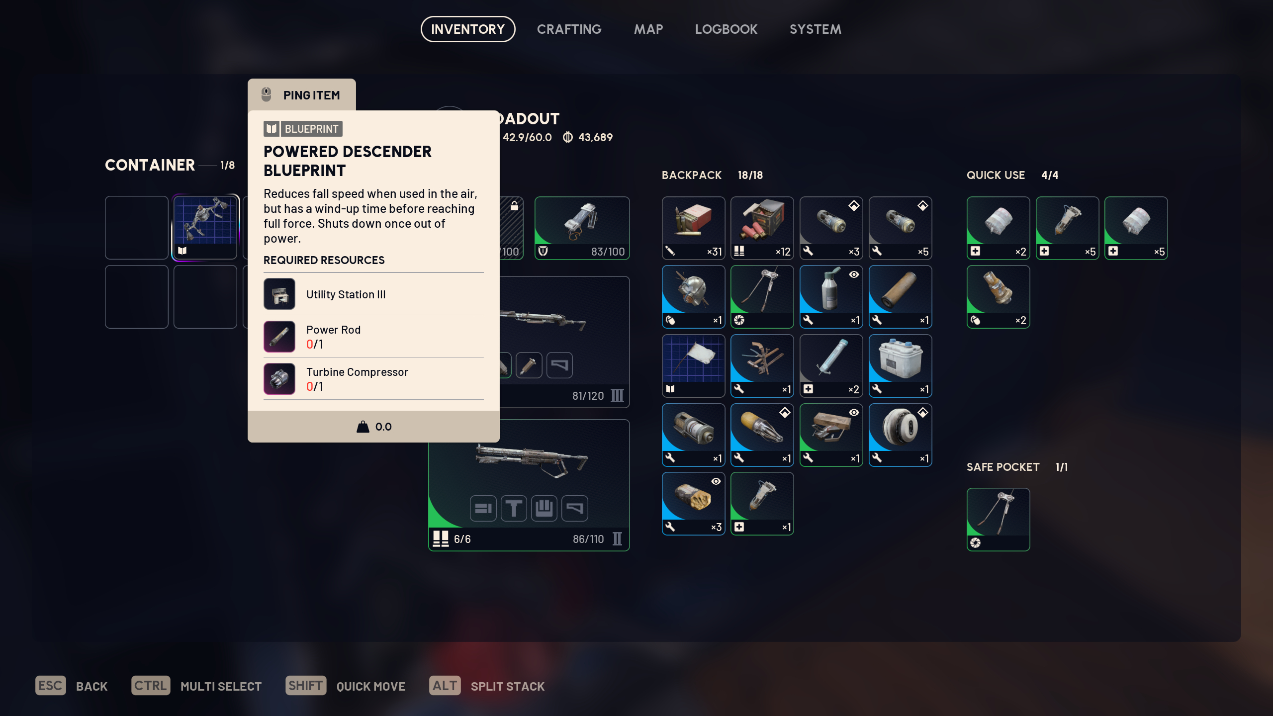 Arc Raiders new blueprints: A player inspecting the Powered Descender blueprint in the inventory of a container.