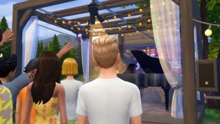 An in-game photo of the Sims Sessions stage, but a Sim blocks the view.