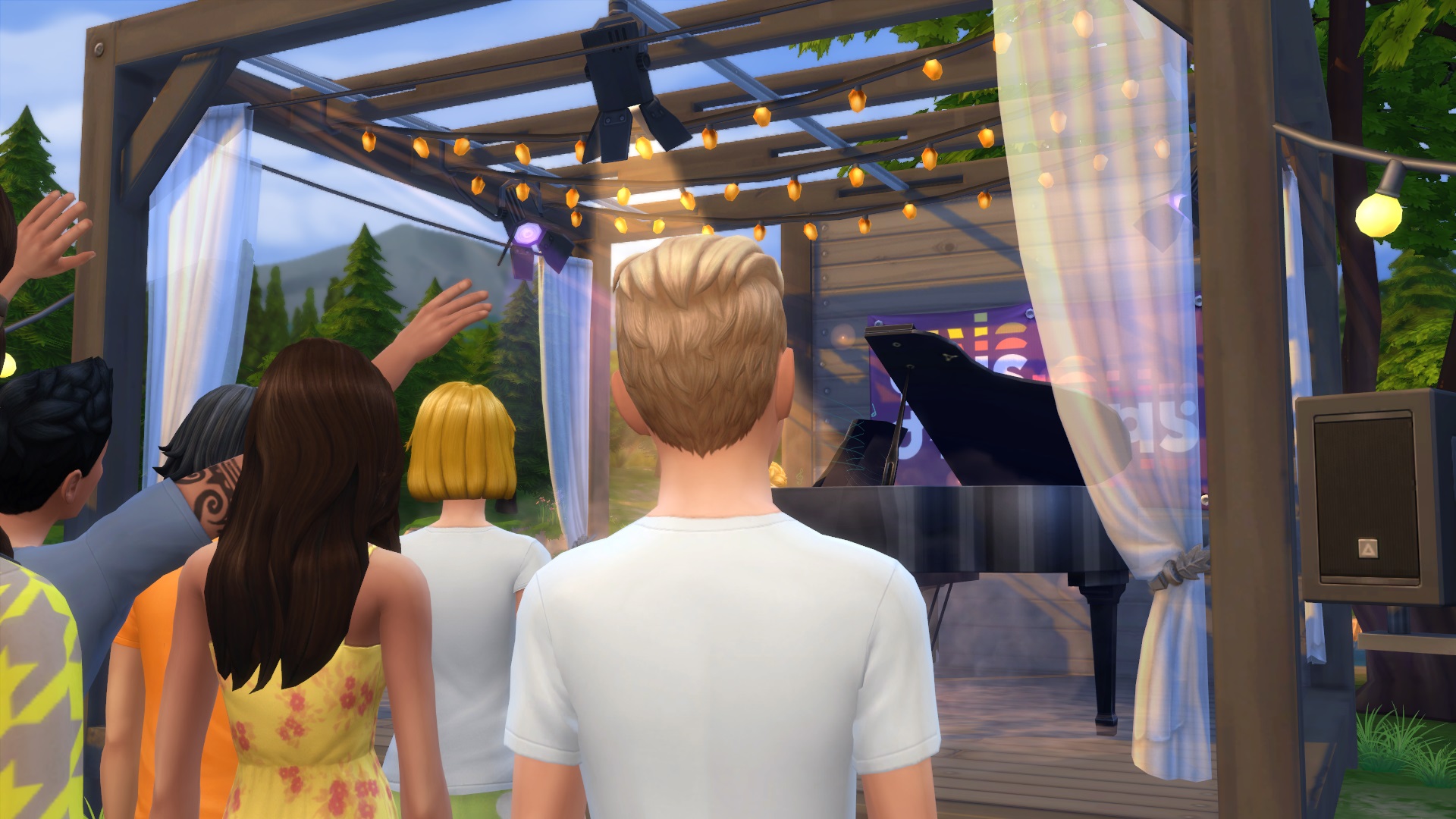An in-game photo of the Sims Sessions stage, but a Sim blocks the view.
