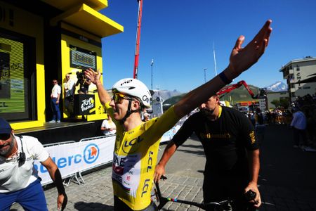 ALPE D'HUEZ, FRANCE - JULY 24: Stage winner Tadej Pogacar of Slovenia and UAE Team Emirates - XRG - Yellow Leader Jersey reacts after the 113th Tour de France 2026, Stage 19 a 127.9km stage from Gap to Alpe d'Huez 1835m / #UCIWT / on July 24, 2026 in Alpe d'Huez, France. (Photo by Thibault Camus - Pool/Getty Images)