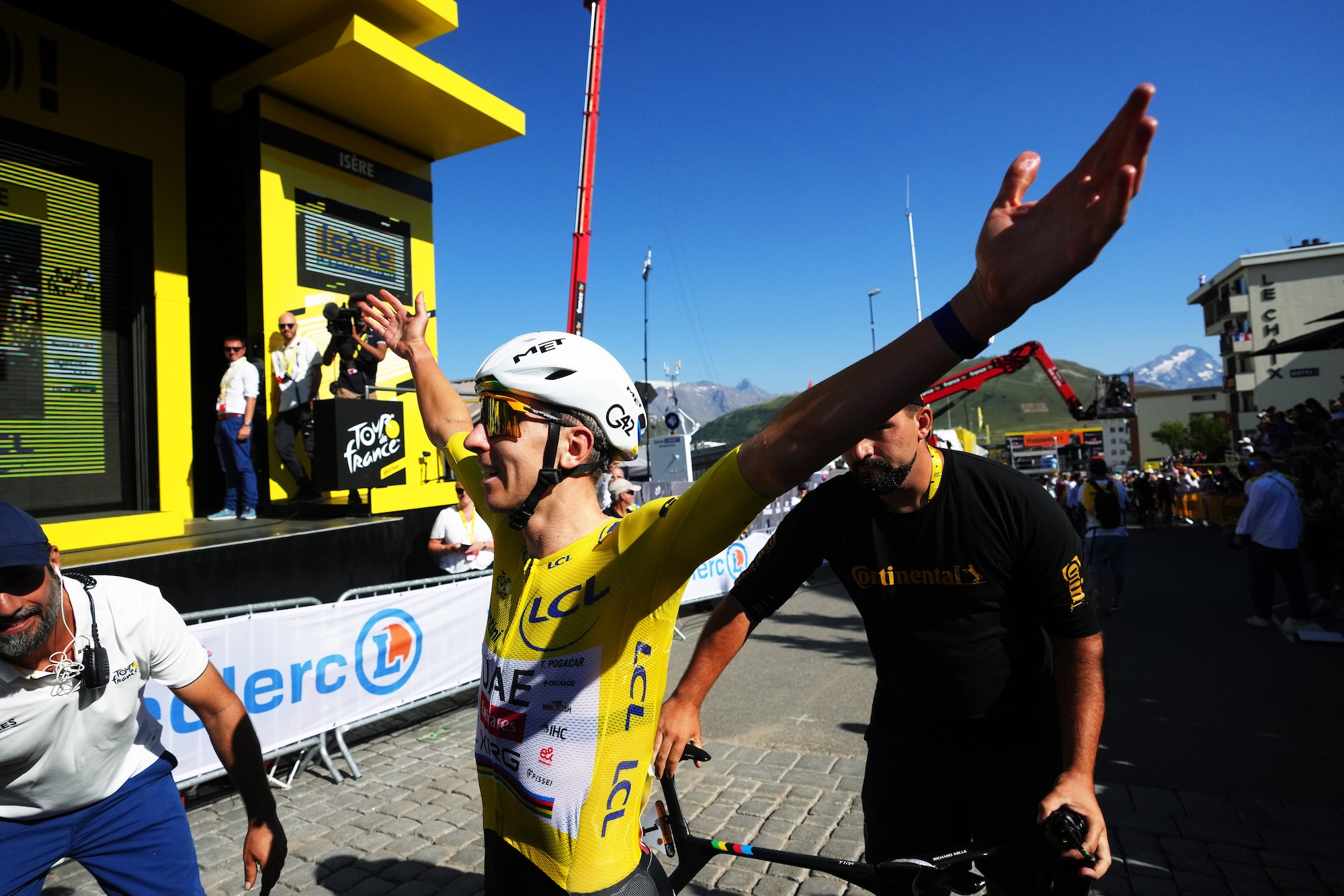 Stage winner Tadej Pogacar of Slovenia and UAE Team Emirates - XRG - Yellow Leader Jersey reacts after the 113th Tour de France 2026