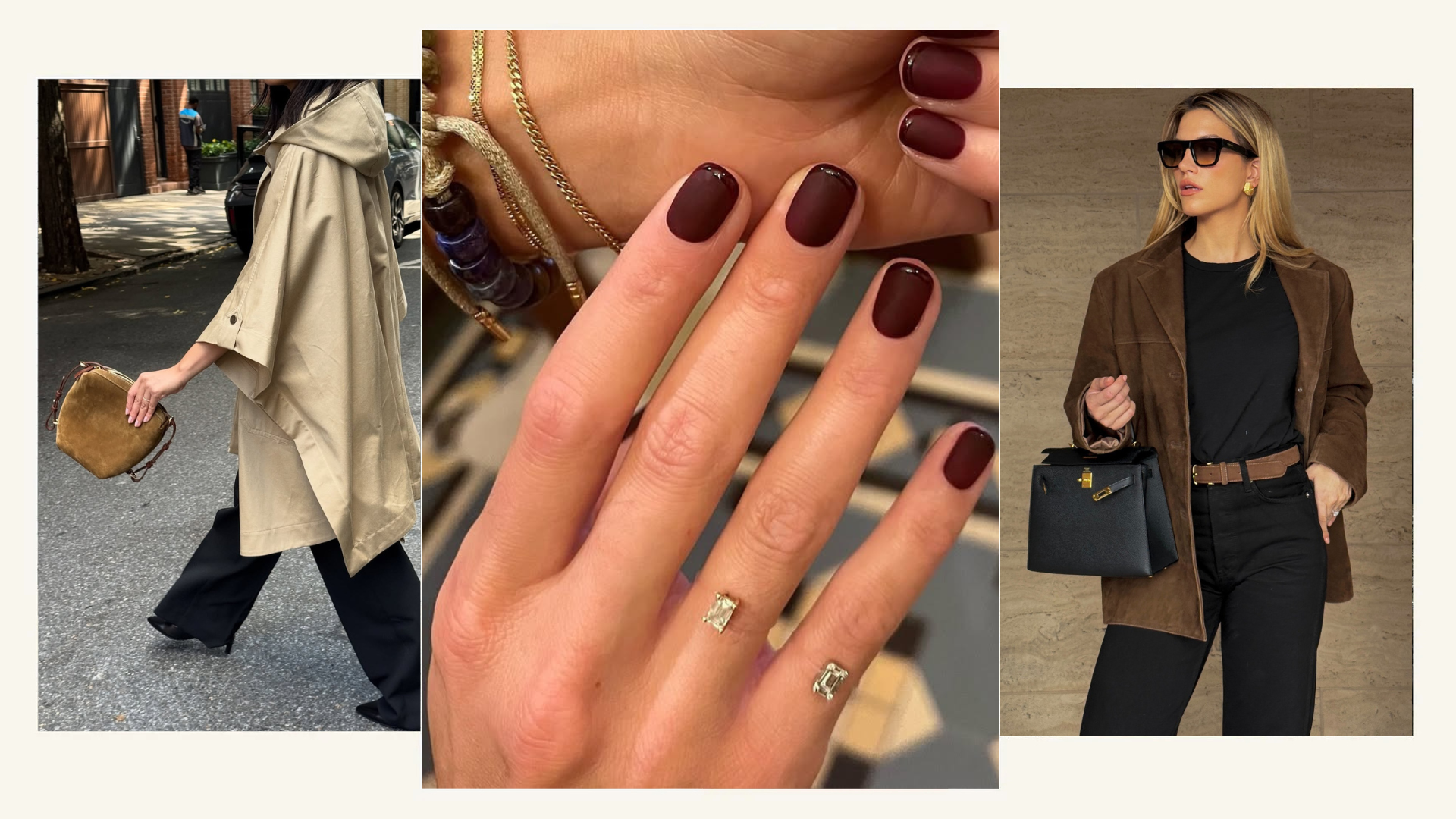 Collage of a brown suede bag, jacket, and nails.