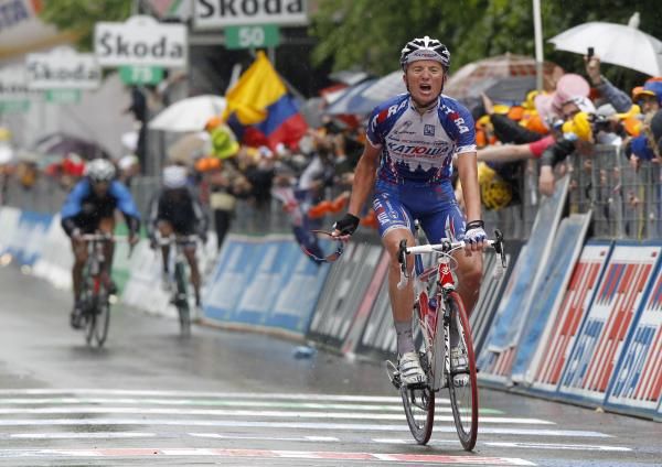 Evgeni Petrov (Katusha) celebrates his stage win