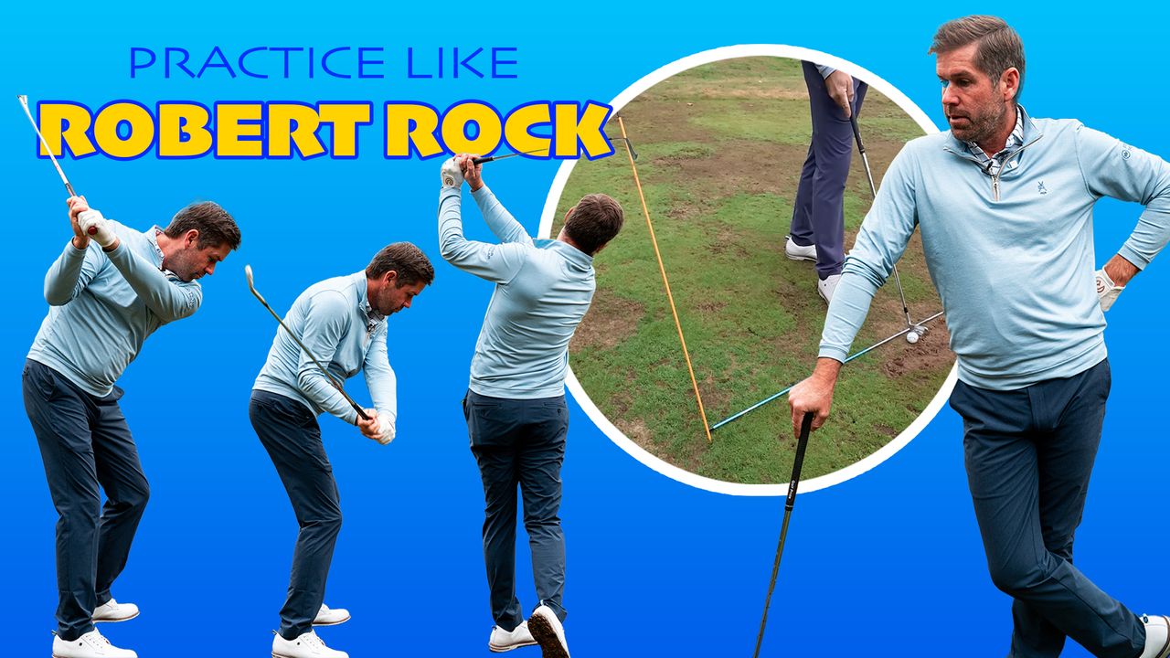 The hitting station used by Robert Rock to practice his perfect golf swing, with inset images of Robert Rock in three different stages of the golf swing: top of backswing, downswing and finish position and text reading 'practice like Robert Rock'