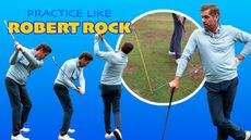 The hitting station used by Robert Rock to practice his perfect golf swing, with inset images of Robert Rock in three different stages of the golf swing: top of backswing, downswing and finish position and text reading 'practice like Robert Rock'