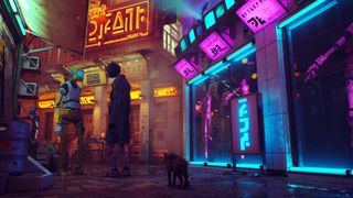 Stray energy drinks: Street scene from Stray at night with neon signs lighting up storefronts