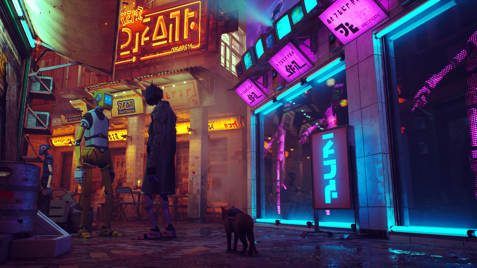 Street scene from Stray at night with neon signs lighting up storefronts