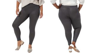 a side-by-side of a woman wearing the All Worthy Hunter McGrady The Ultimate Regular Faux Leather, one of w&h's best plus-size leggings picks, at two different angles