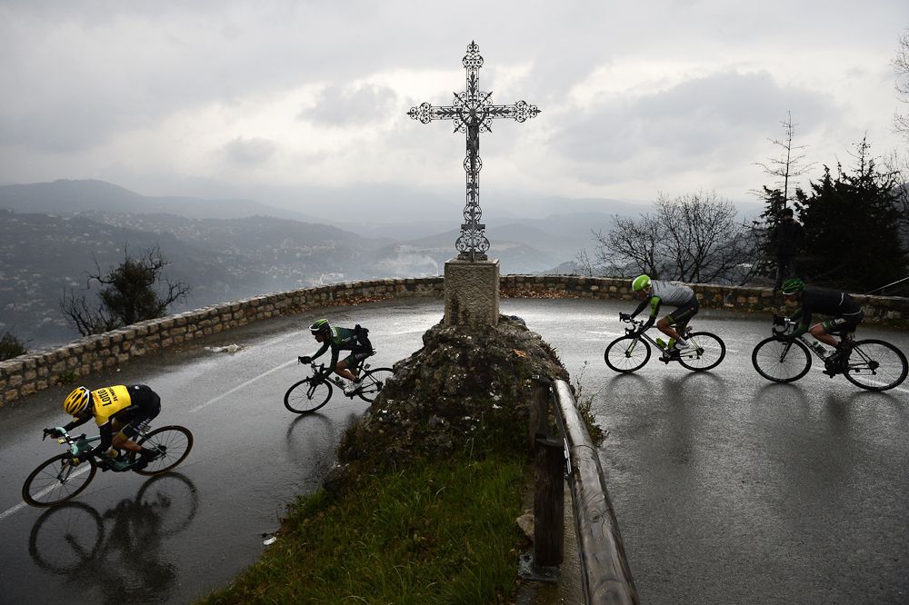 New Zealand's George Bennett, France's Romain Sicard, The Netherlands' Dylan Van Baarle and France's Cyril Gautier ride in a breakaway during the sixth stage.