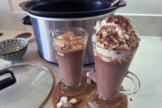 Collage of hot chocolate being made in slow cooker including glass of hot chocolate topped with whipped cream