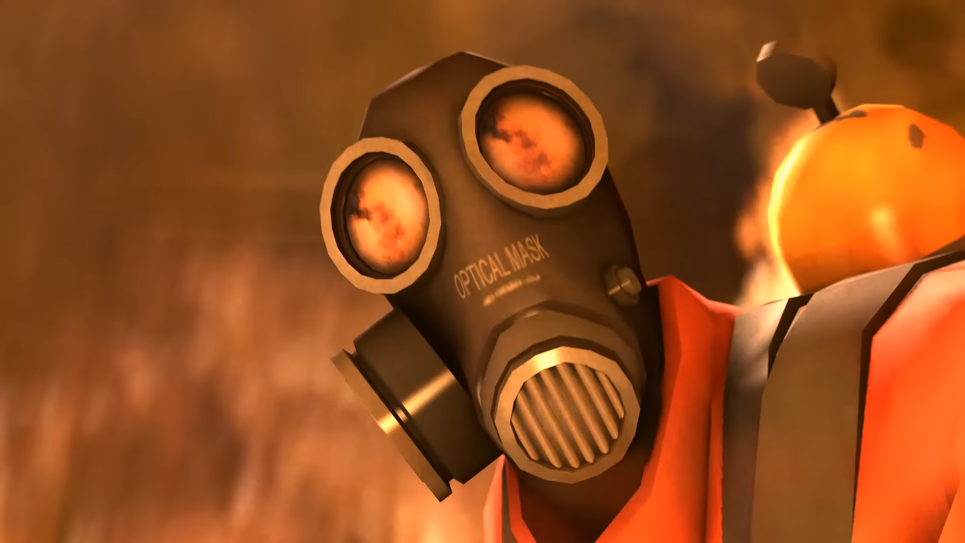 Meet the pyro screenshot showing close up of gas masked pyro character with flames reflected in eyepieces of mask
