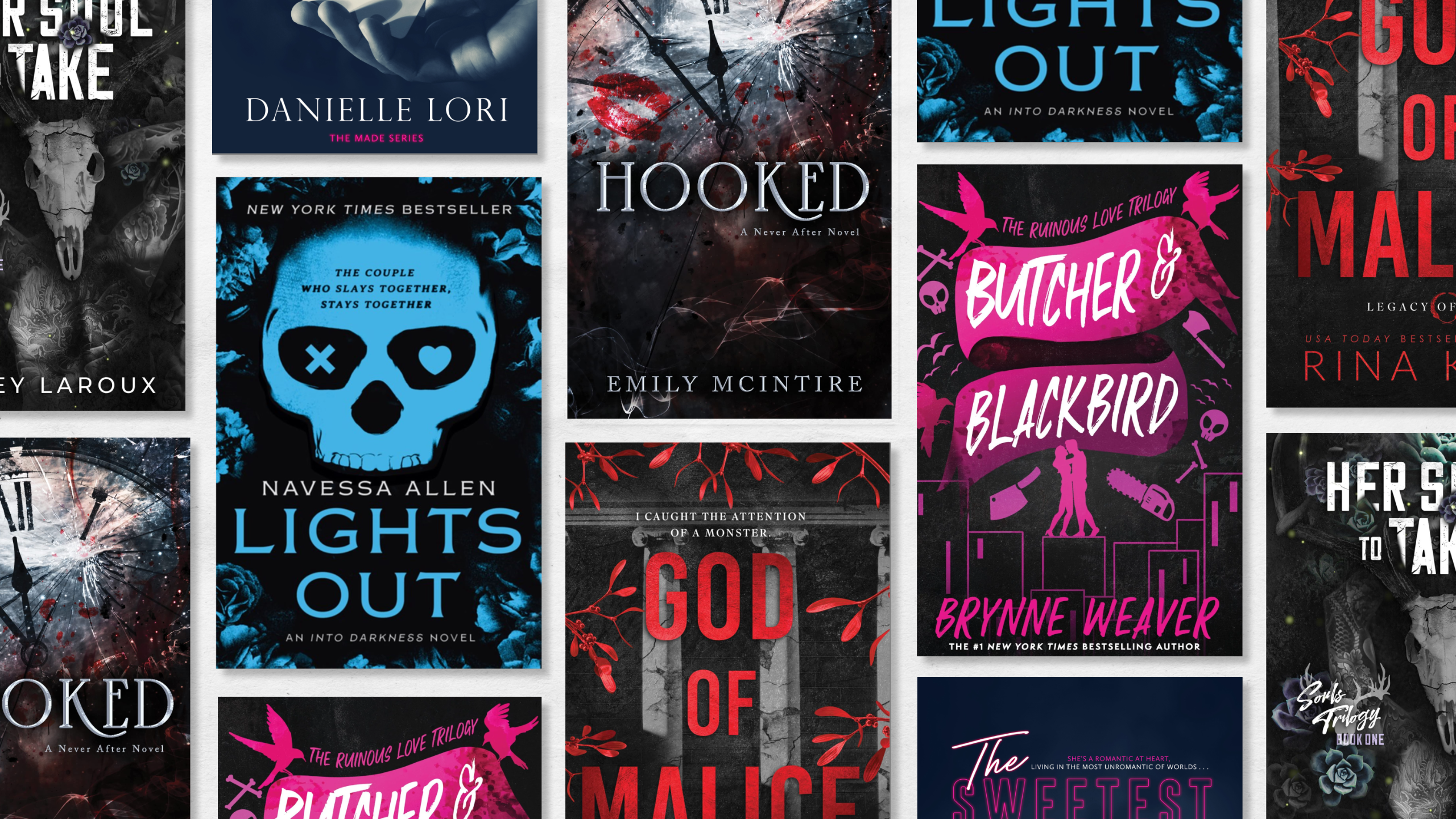 a collage of the best dark romance books including hooked lights out god of malice and more