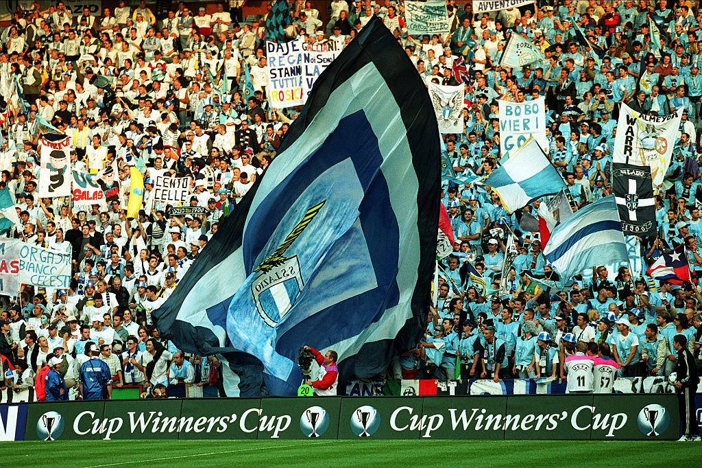 BIRMINGHAM, ENGLAND - May 19: Lazio Flag and Fans at the UEFA Cup Winners' Cup Final match between Lazio and Real Mallorca at Villa Park on May 19, 1999 in Birmingham, England. (Photo by Richard Sellers/Sportsphoto/Allstar via Getty Images) *** Local Caption ***