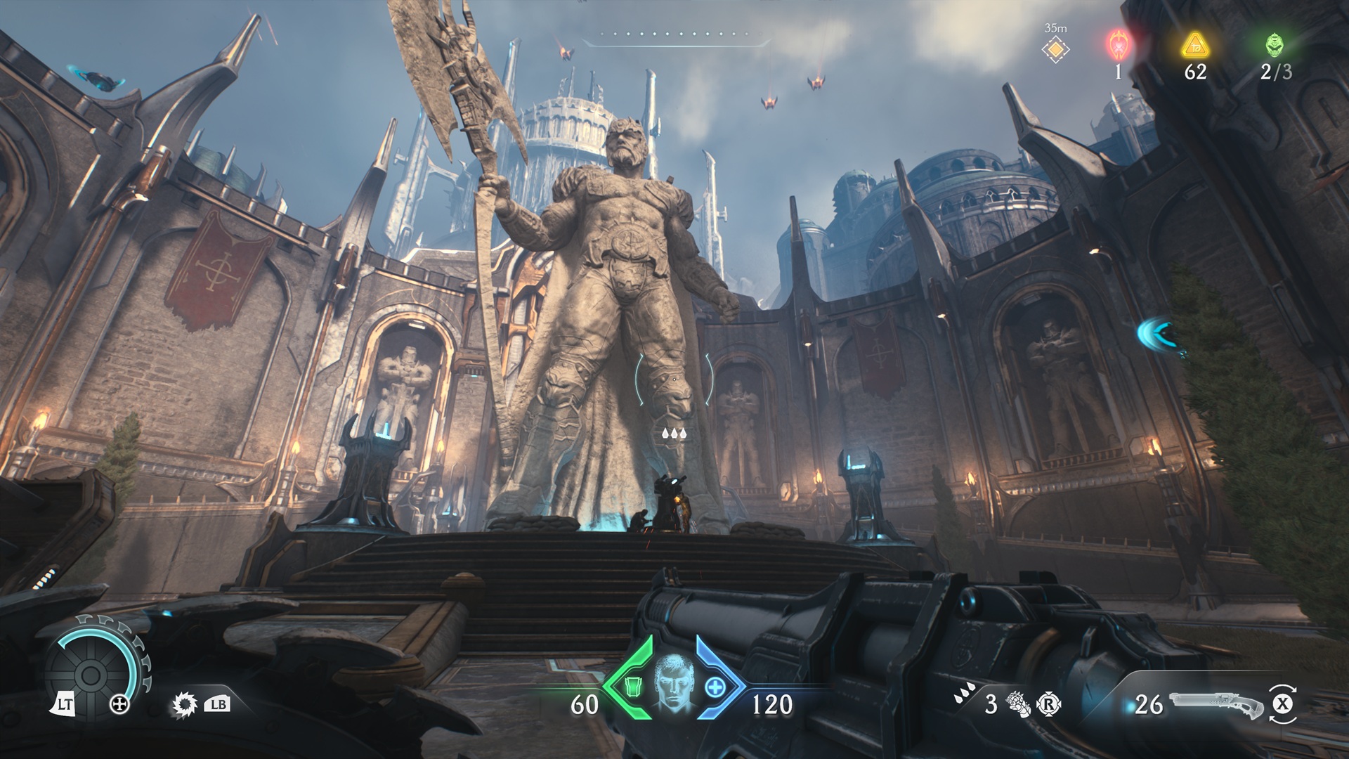 A huge statue of a Night Sentinel in DOOM: The Dark Ages