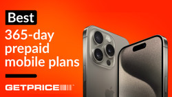 iPhone 15 Pro on orange background with GetPrice Logo and "Best 365-day prepaid mobile plans" text
