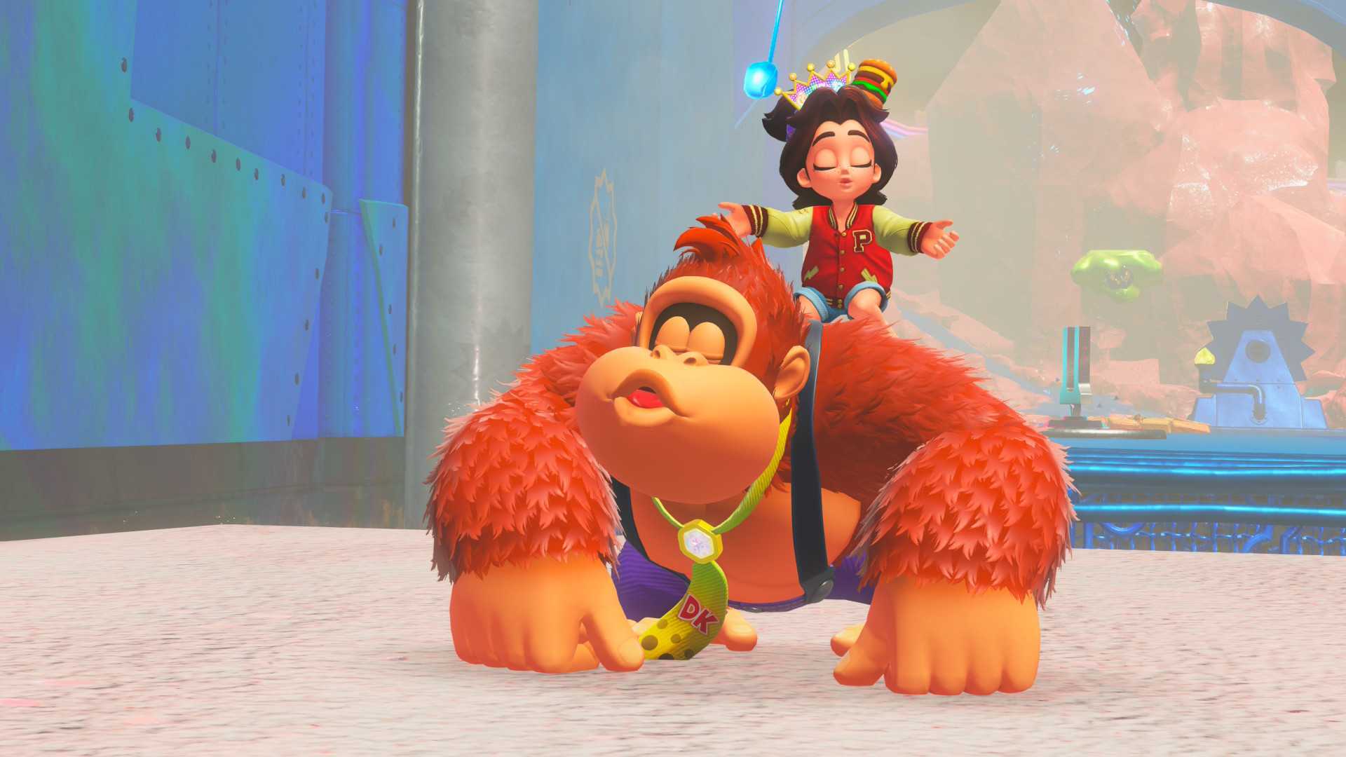 Donkey Kong Bananza screenshot showing Pauline on DK's shoulder as they both whistle a tune and Pauline wears a small crown