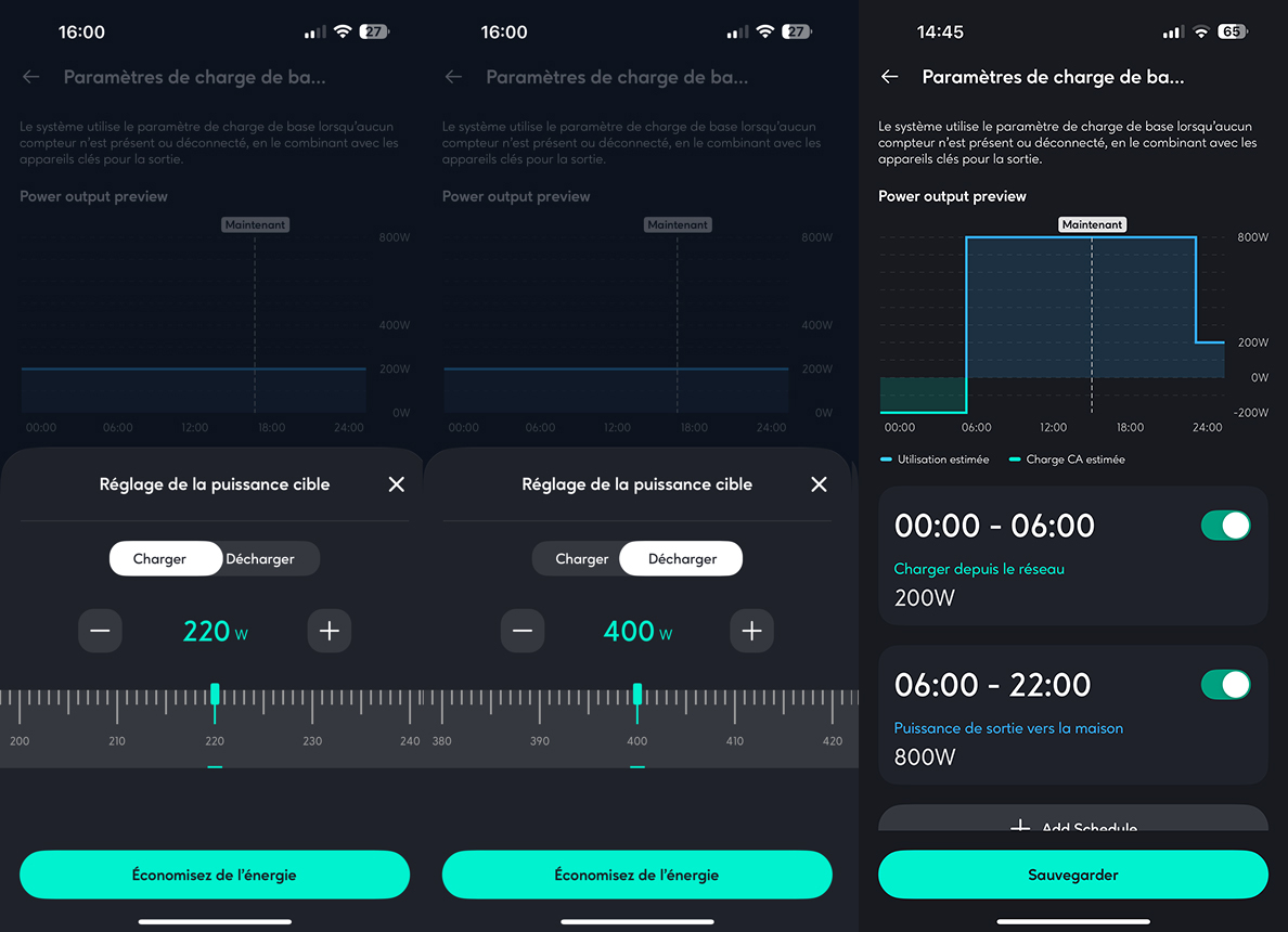 les différents types de réglages proposés dans l'application zendure