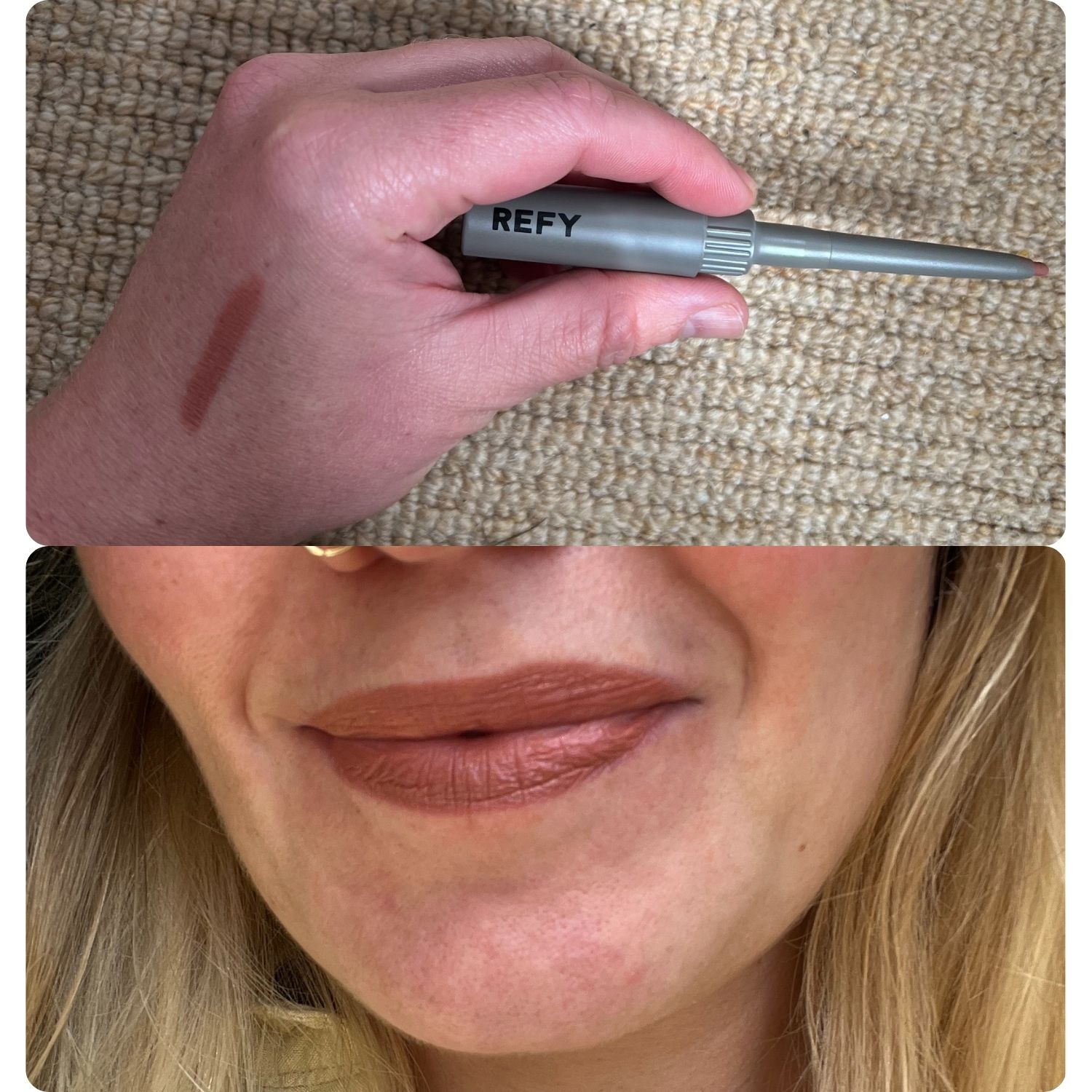 An image of beauty editor Fiona McKim's hand with a swatch of REFY lip liner above an image of the lip liner on her lips