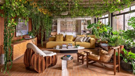A living room with trailing vines across ceiling beams and an indoor container garden
