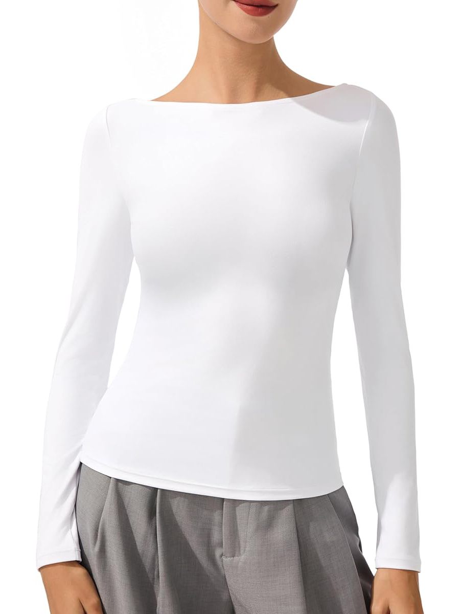 AFITNE, Afitne Long Sleeve Shirts for Women Stretchy Boat Neck T- Shirts for Women Slim Fit Going Out Tops Casual Basic Women’s Shirts, White, S