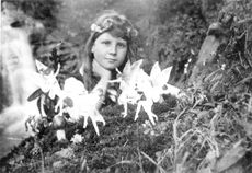 Frances Griffiths and the 'Cottingley Fairies' in a photograph made in 1917 by her cousin Elsie Wright with paper cutouts and hatpins. This photograph and others were considered genuine by a number of English spiritualists.