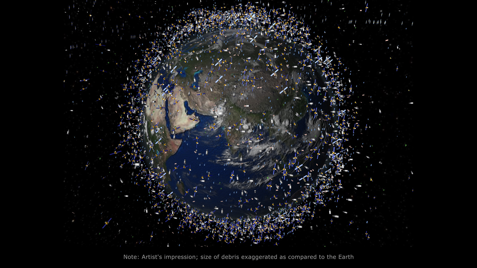 Illustration of satellites and debris orbiting Earth.