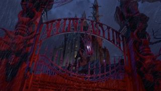 The gate and sign for Arkham Asylum in Batman Forever