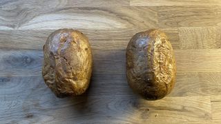 Air fryer baked potato on a chopping board