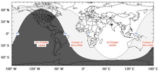 A visibility map for the penumbral lunar eclipse of Jan. 10, 2020.