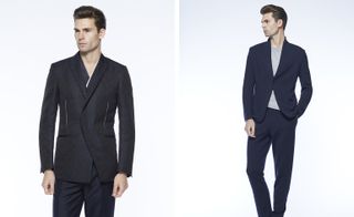 Male models wearing the Kilgour Spring / Summer 2016 collection. On the left the model is wearing a gray suit and on the right he is wearing a navy suit