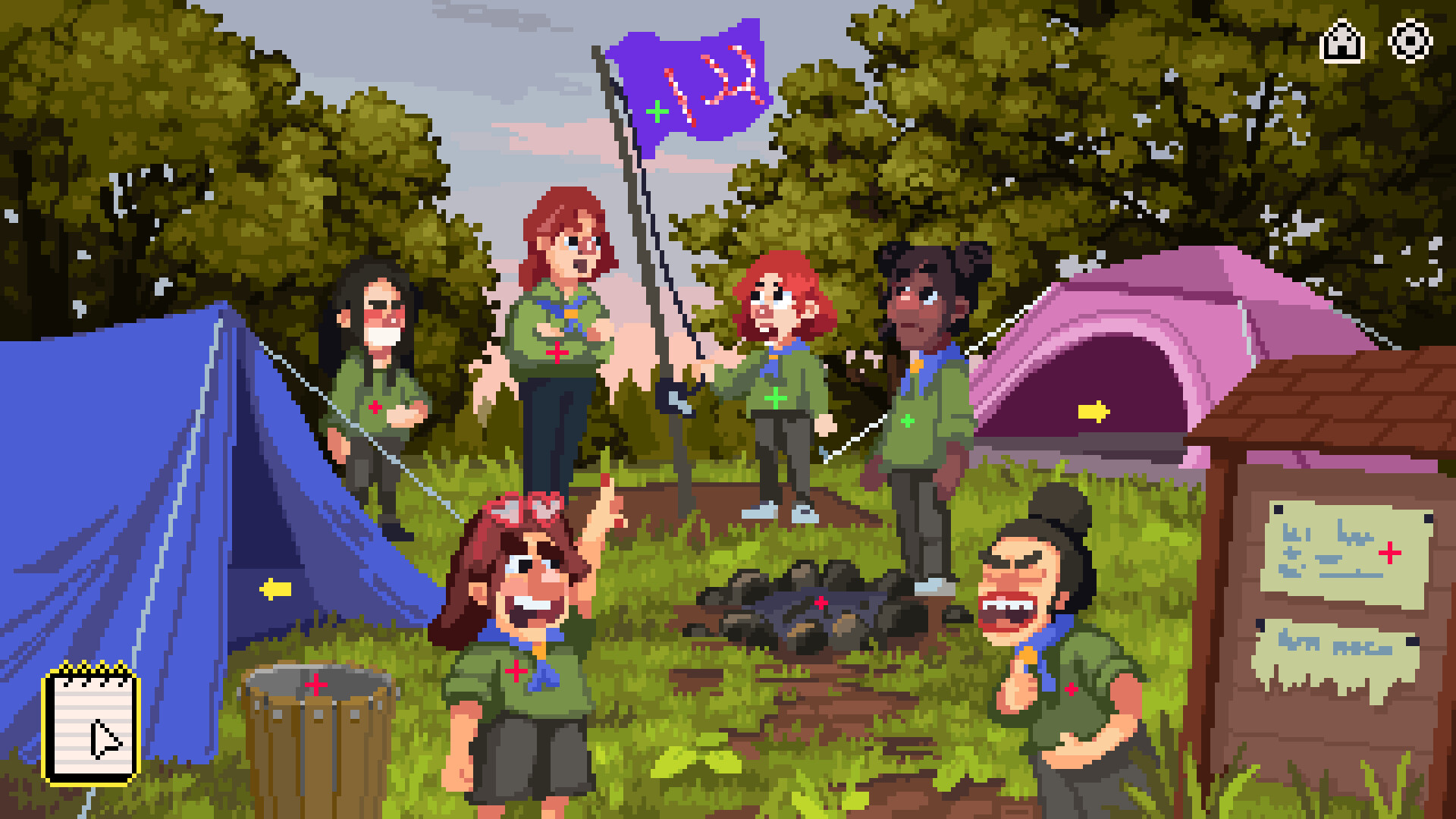 The Acorn unit stand outside their tents in City of Voices and point at a flag with a bum drawn on it