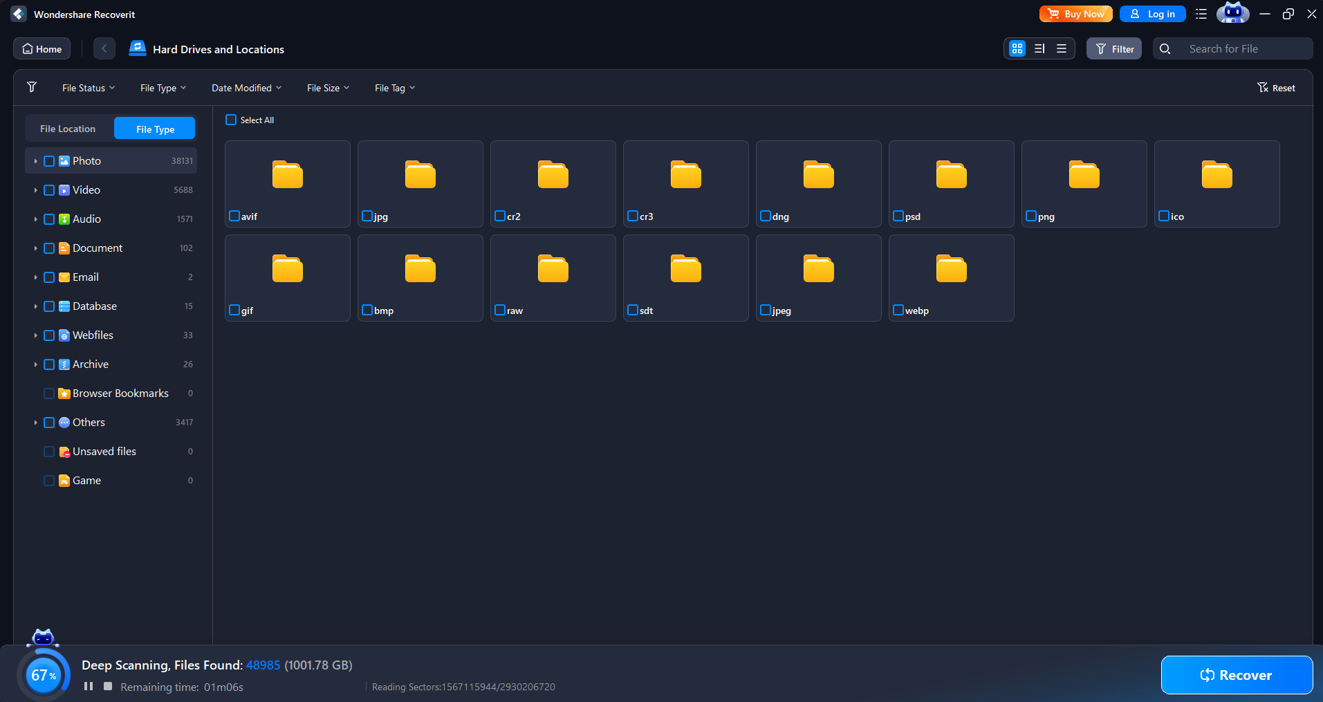 Wondershare Recoverit main interface
