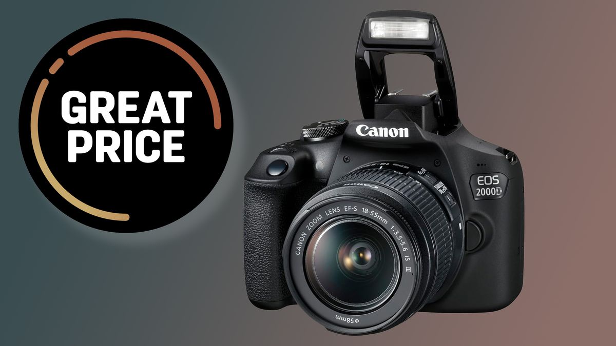 Canon EOS 2000D camera bundle against a faded blue and orange background with the text &quot;Great price&quot; background