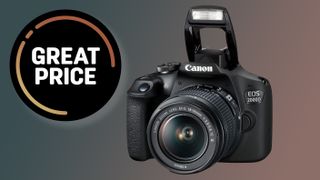 Canon EOS 2000D camera bundle against a faded blue and orange background with the text "Great price" background