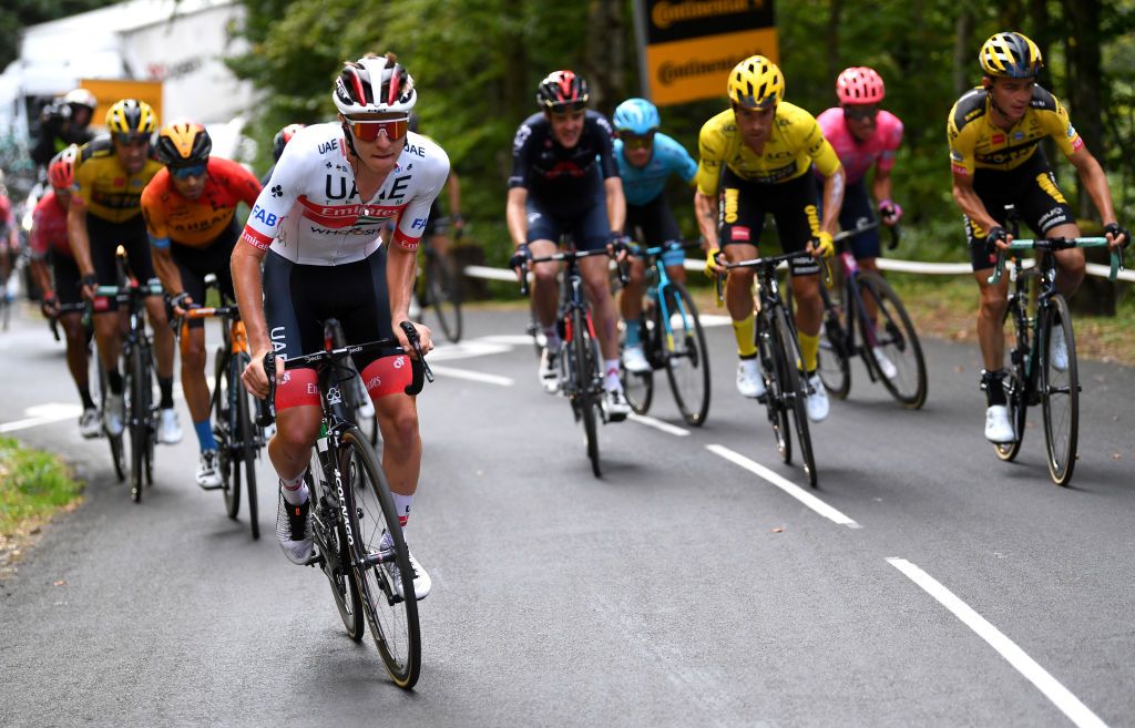 CANTAL FRANCE SEPTEMBER 11 Tadej Pogacar of Slovenia and UAE Team Emirates Pavel Sivakov of Russia and Team INEOS Grenadiers Primoz Roglic of Slovenia and Team Jumbo Visma Yellow Leader Jersey Sepp Kuss of The United States and Team Jumbo Visma Miguel Angel Lopez Moreno of Colombia and Astana Pro Team Tom Dumoulin of The Netherlands and Team Jumbo Visma Breakaway during the 107th Tour de France 2020 Stage 13 a 1915km stage from ChtelGuyon to Pas de PeyrolLe Puy Mary Cantal 1589m TDF2020 LeTour on September 11 2020 in Cantal France Photo by Tim de WaeleGetty Images