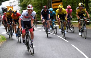 CANTAL FRANCE SEPTEMBER 11 Tadej Pogacar of Slovenia and UAE Team Emirates Pavel Sivakov of Russia and Team INEOS Grenadiers Primoz Roglic of Slovenia and Team Jumbo Visma Yellow Leader Jersey Sepp Kuss of The United States and Team Jumbo Visma Miguel Angel Lopez Moreno of Colombia and Astana Pro Team Tom Dumoulin of The Netherlands and Team Jumbo Visma Breakaway during the 107th Tour de France 2020 Stage 13 a 1915km stage from ChtelGuyon to Pas de PeyrolLe Puy Mary Cantal 1589m TDF2020 LeTour on September 11 2020 in Cantal France Photo by Tim de WaeleGetty Images