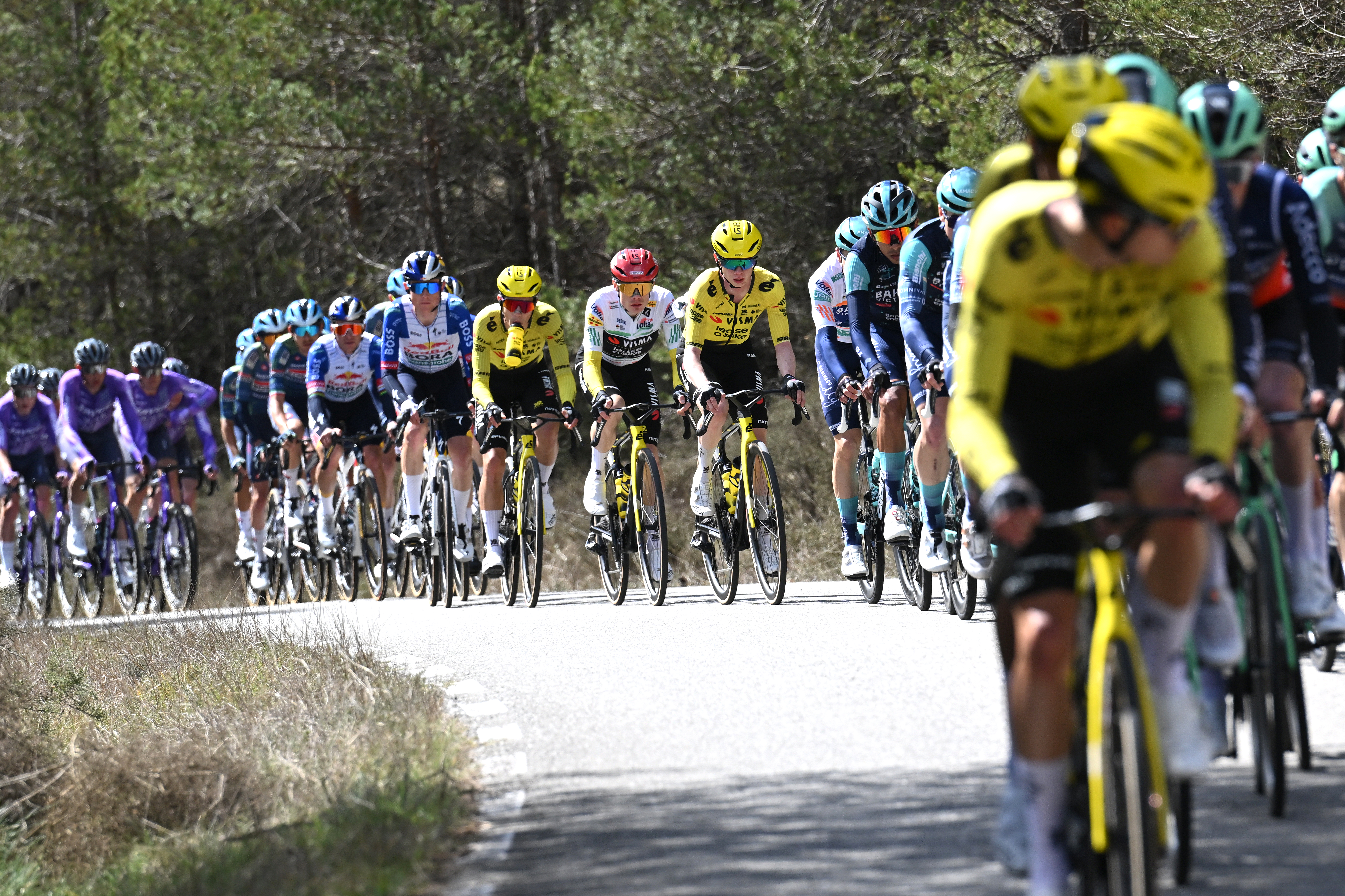 QUERALT, SPAIN - MARCH 28: Jonas Vingegaard of Denmark and Team Visma | Lease a Bike - Green Leader Jersey (L) competes during the 105th Volta a Catalunya 2026, Stage 6 a 158.2km stage from La Berga to Queralt 1133m / #UCIWT / on March 28, 2026 in Queralt, Spain. (Photo by Szymon Gruchalski/Getty Images)