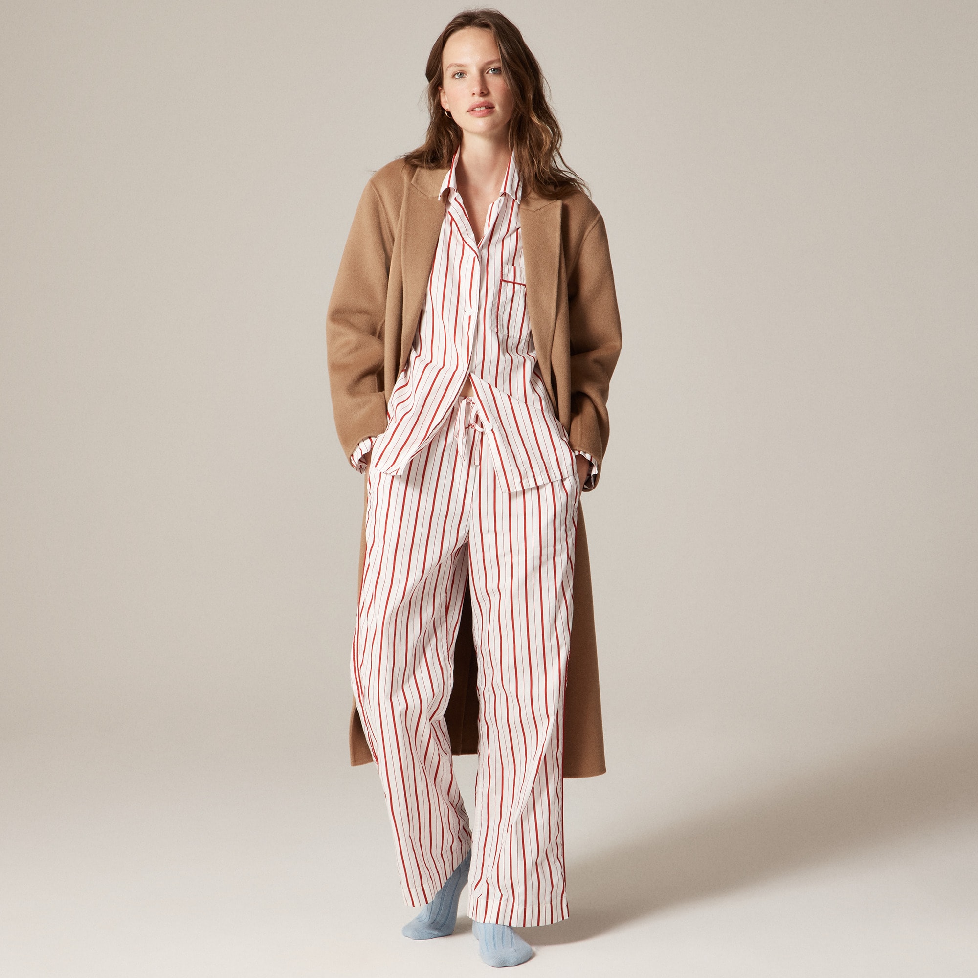 Cotton Poplin Long-Sleeve Pajama Pant Set in Peppermint Stripe