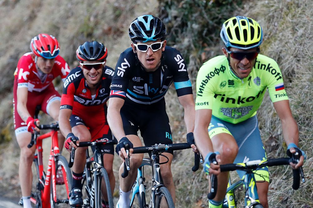 Alberto Contador leads Geraint Thomas, Richie Porte and Ilnur Zakarin near the end of stage 6 at Paris-Nice.