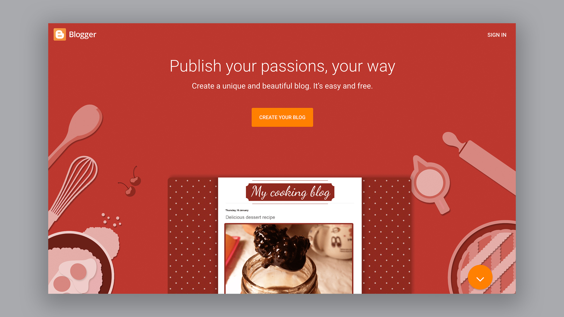 Homepage of Blogger, one of the best blogging platforms, featuring illustrations of baking ingredients