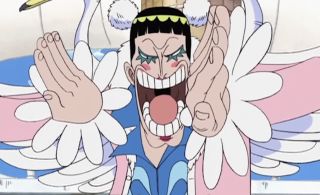 One Piece's Mr. 2 in his swan-themed outfit