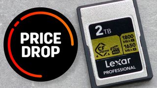 A graphic with the words 'price drop' over a picture of a Lexar memory card. 