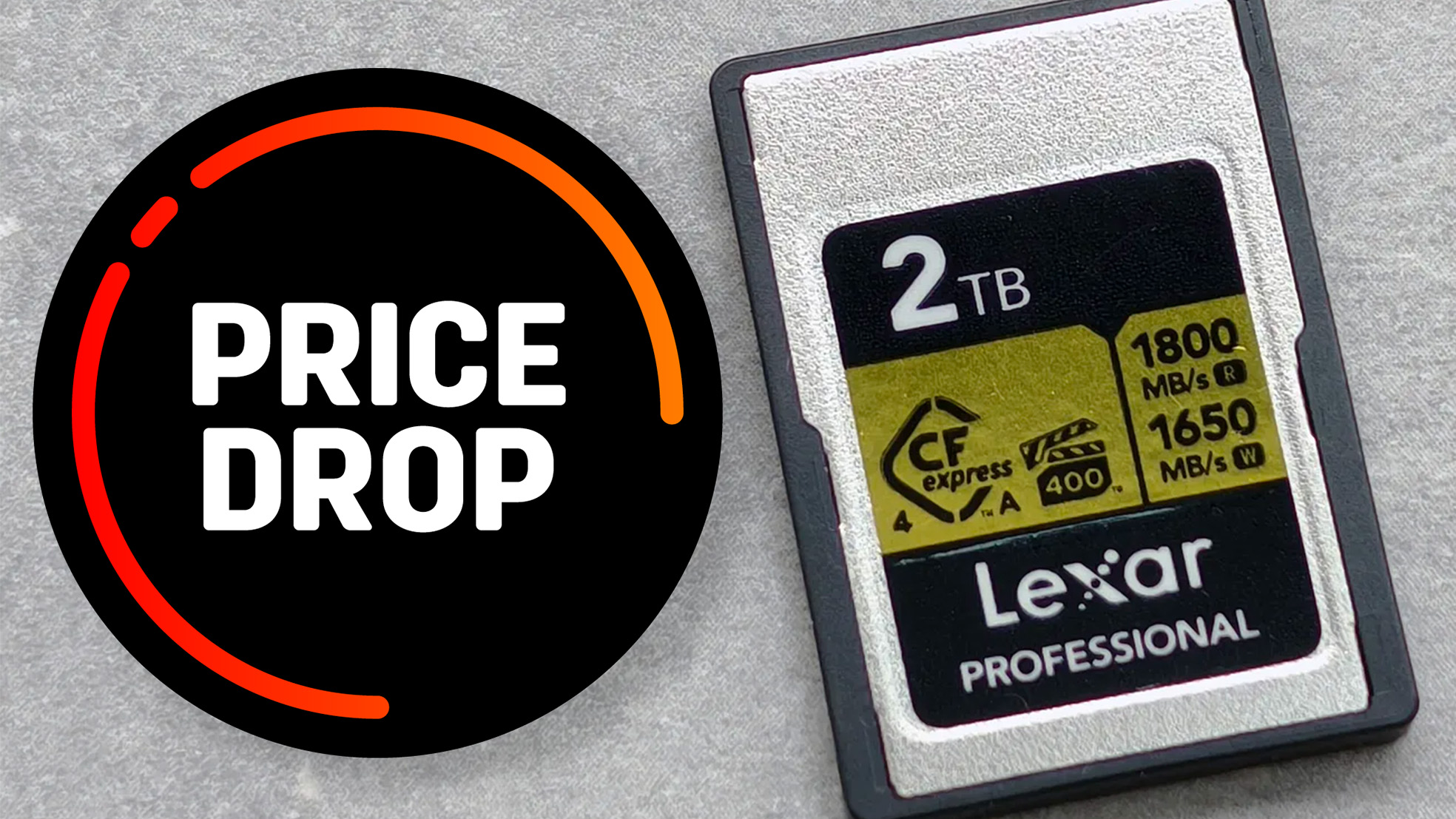A graphic with the words 'price drop' over a picture of a Lexar memory card.