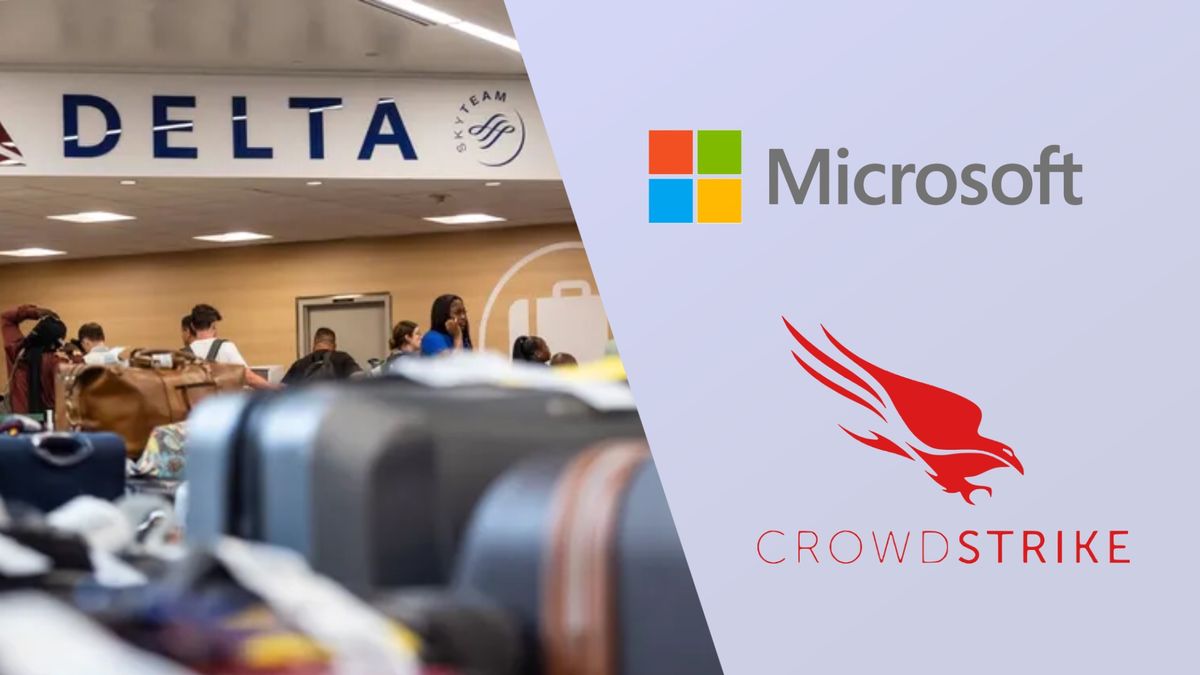 Delta Airlines luggage, Microsoft logo and Crowdstrike logo 